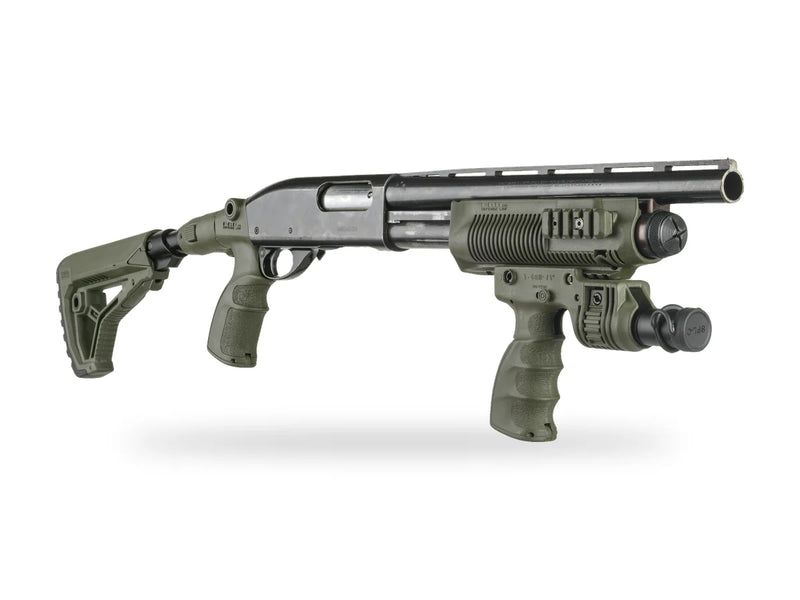 Pump shotgun with FAB Defense folding stock, pistol grip and forend