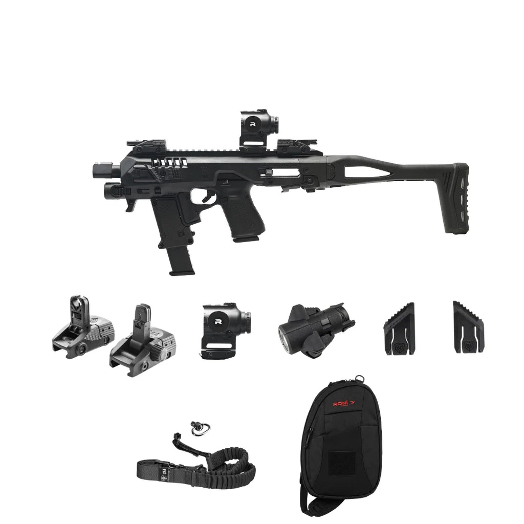 Micro RONI Gen 4X PRO Kit: chassis, red dot, flashlight, flip-up sights, thumb rests, sling and bag